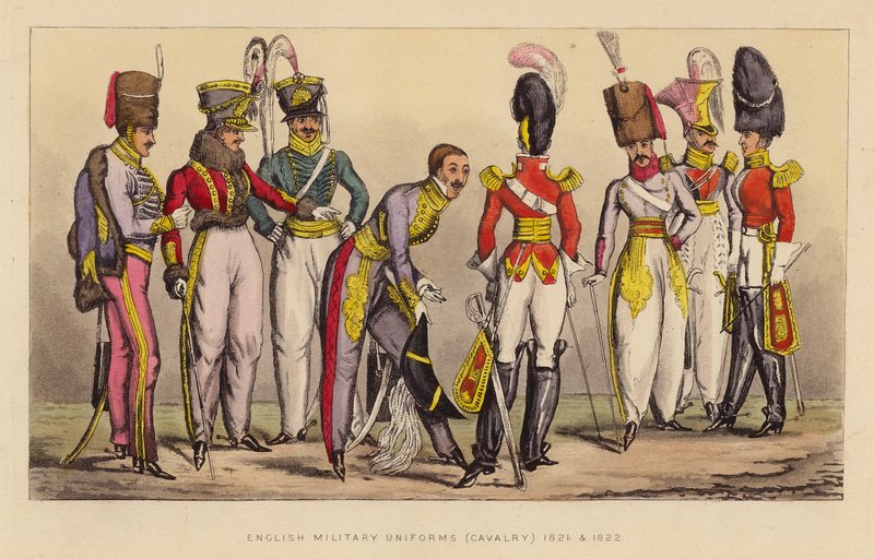 Uniformes militares ingleses (cavalaria) 1821 e 1822 (gravura a cores) de Joseph Grego