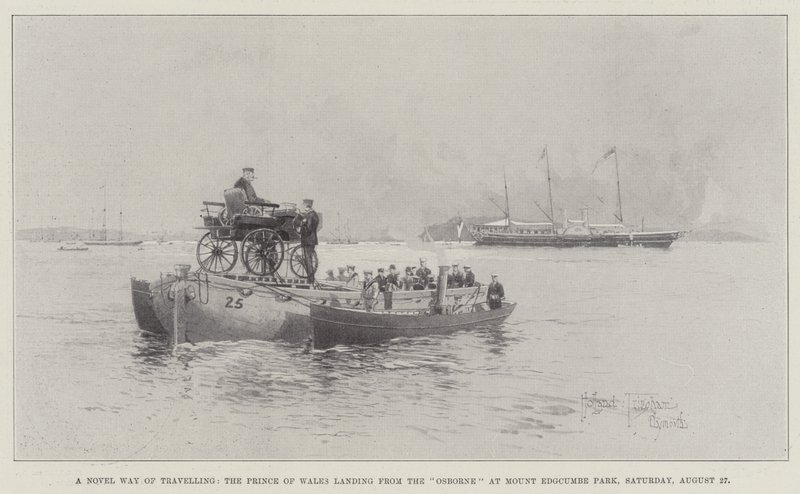 Uma nova maneira de viajar, o Príncipe de Gales pousando do Osborne no Mount Edgcumbe Park, sábado, 27 de agosto de Joseph Holland Tringham