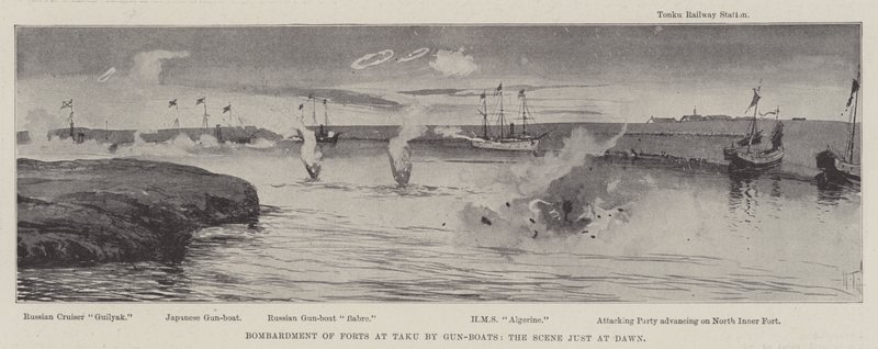 Bombardeio de fortes em Taku por Gun-Boats, a cena apenas no alvorecer de Joseph Holland Tringham