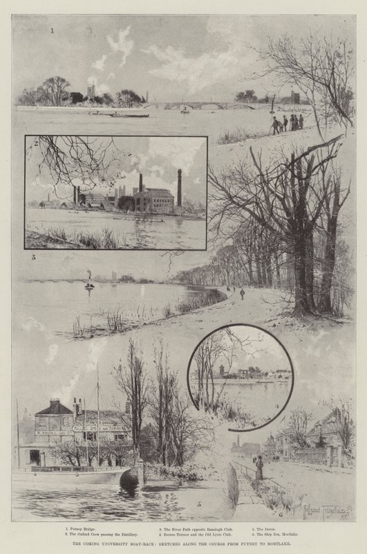 The Coming University Boat-Race, Esboços ao longo do curso de Putney a Mortlake de Joseph Holland Tringham