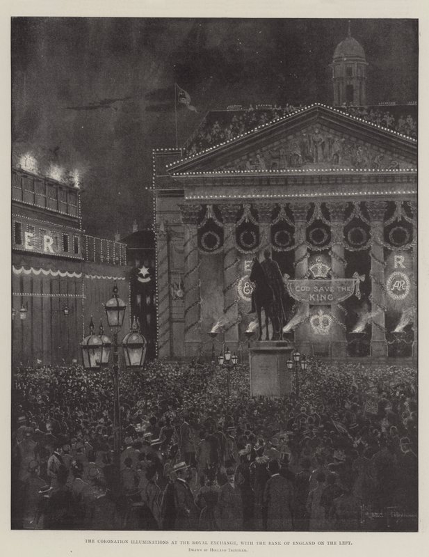 As Iluminações da Coroação no Royal Exchange, com o Banco da Inglaterra à Esquerda de Joseph Holland Tringham