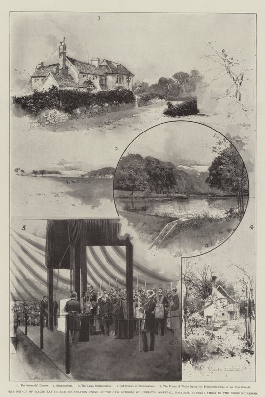 O Príncipe de Gales, que estabelece a Fundação-Pedra das Novas Escolas do Hospital de Cristo, Horsham, Sussex, Vistas no Bairro de Joseph Holland Tringham