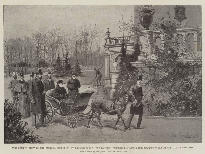 Visita da Rainha à Imperatriz Frederico em Friedrichshof, a Imperatriz Frederick mostrando Sua Majestade pelas Terras do Castelo de Joseph Holland Tringham