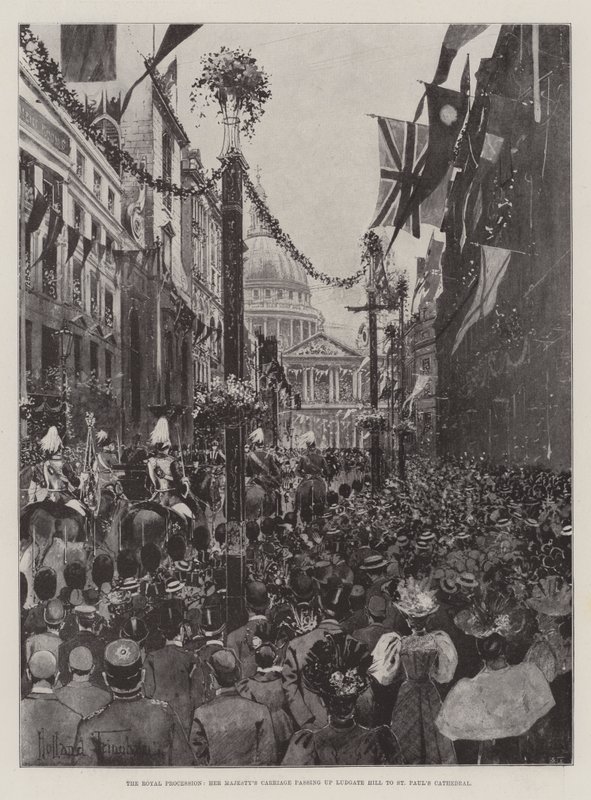 A procissão real, carruagem de sua majestade passando Ludgate Hill para a Catedral de São Paulo de Joseph Holland Tringham