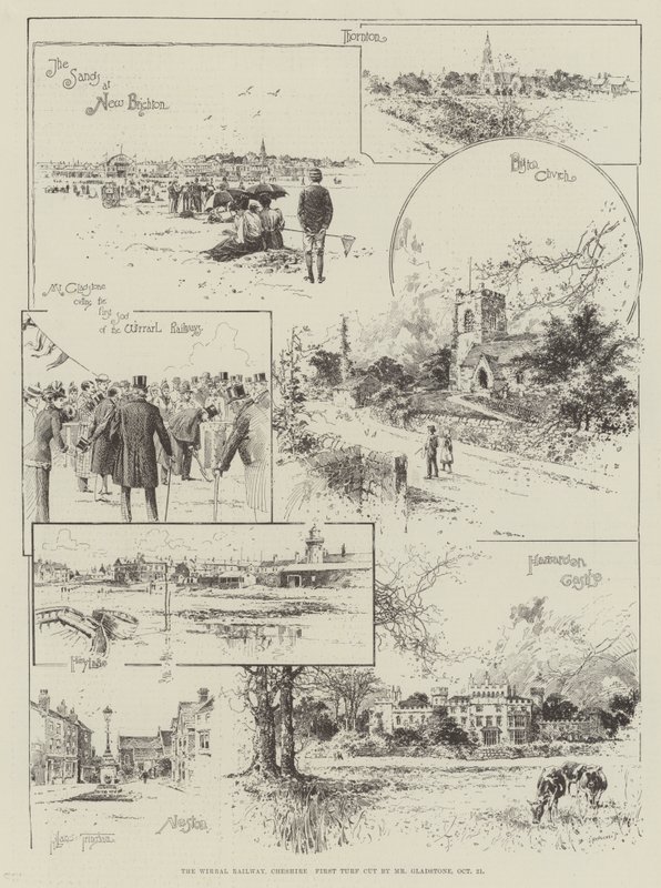 A estrada de ferro de Wirral, Cheshire, primeiro relvado cortado pelo Sr. Gladstone, 21 outubro de Joseph Holland Tringham
