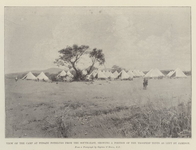 Vista do acampamento em Pitsani Pothlugo do sudeste, mostrando uma parte das tendas dos soldados à esquerda por Jameson de Joseph Holland Tringham