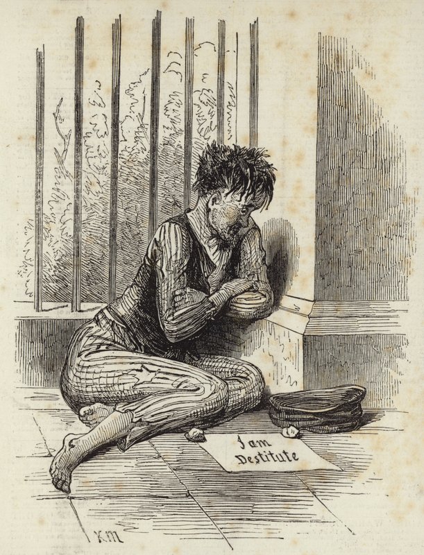 Mendigo na rua com um sinal de leitura Eu sou desprovido de Joseph Kenny Meadows