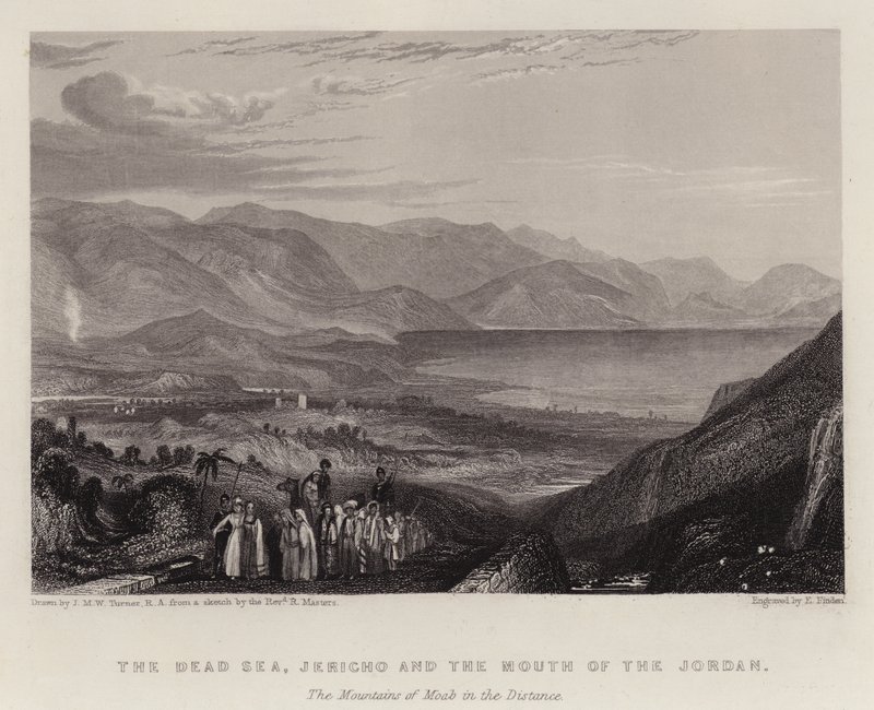 O Mar Morto, Jericó e a Boca do Jordão, as montanhas de Moab na Distância (cor litho) de Joseph Mallord William (after) Turner