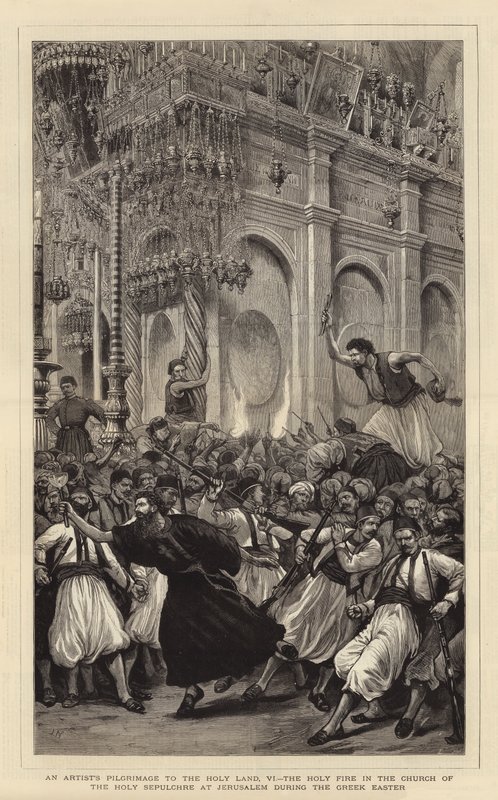 Uma peregrinação artística à Terra Santa, VI, o Fogo Sagrado na Igreja do Santo Sepulcro em Jerusalém durante a Páscoa grega de Joseph Nash