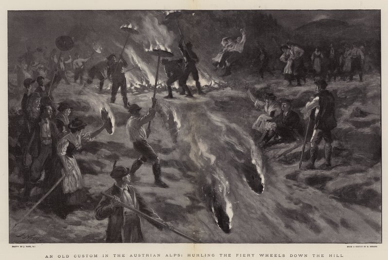 Um velho costume nos Alpes austríacos, arremessando as Fiery Wheels descendo a colina de Joseph Nash