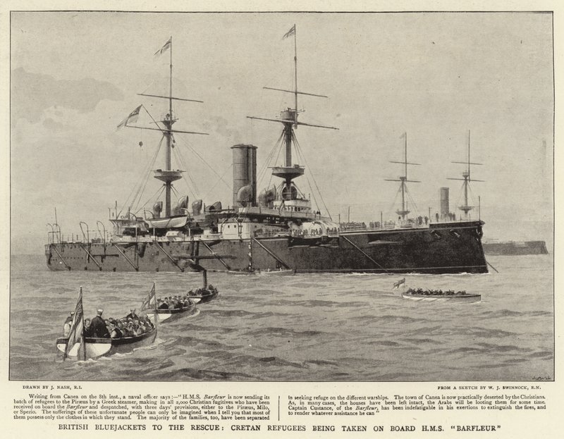 Casacos-azuis britânicos para o resgate, refugiados cretenses sendo levados a bordo do HMS Barfleur de Joseph Nash