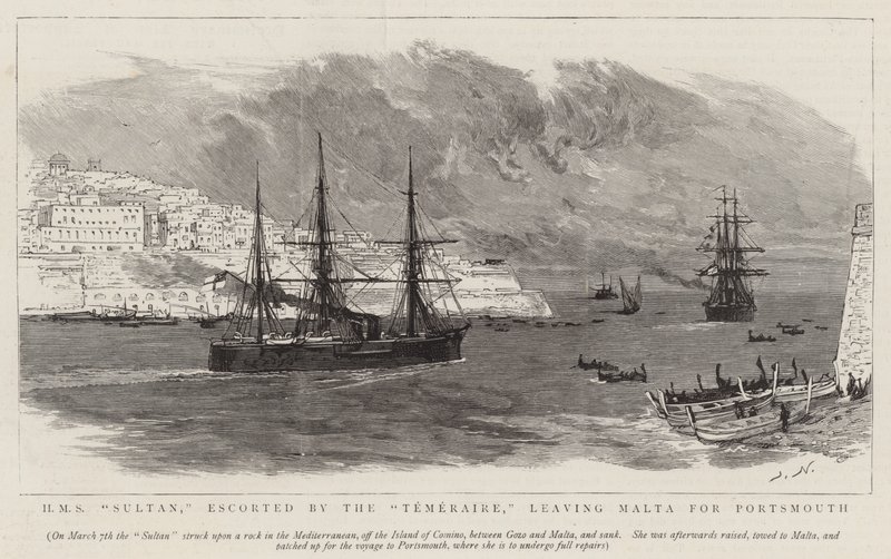 HMS Sultan, escoltado pelo Temeraire, deixando Malta para Portsmouth de Joseph Nash