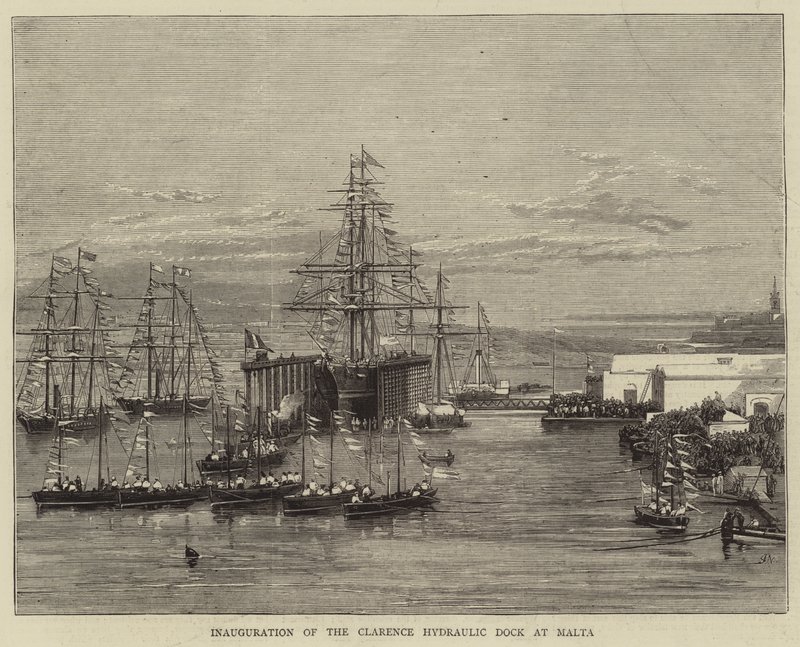 Inauguração da doca hidráulica Clarence em Malta de Joseph Nash