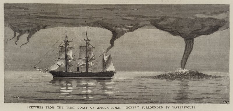 Esboços da costa oeste da África, HMS Boxer cercado por trombas de água de Joseph Nash