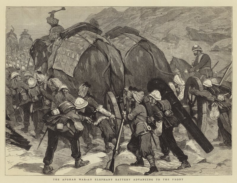 A guerra do Afeganistão, uma bateria de elefantes avançando para a frente de Joseph Nash