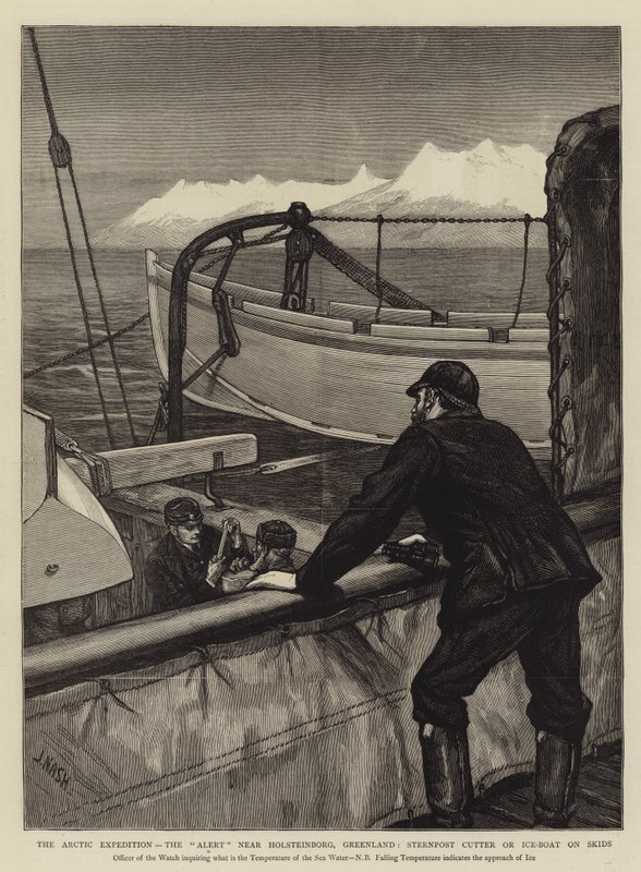 A Expedição Ártica, o Alerta perto de Holsteinborg, Groenlândia, Sternpost Cutter ou Ice-Boat em Skids de Joseph Nash