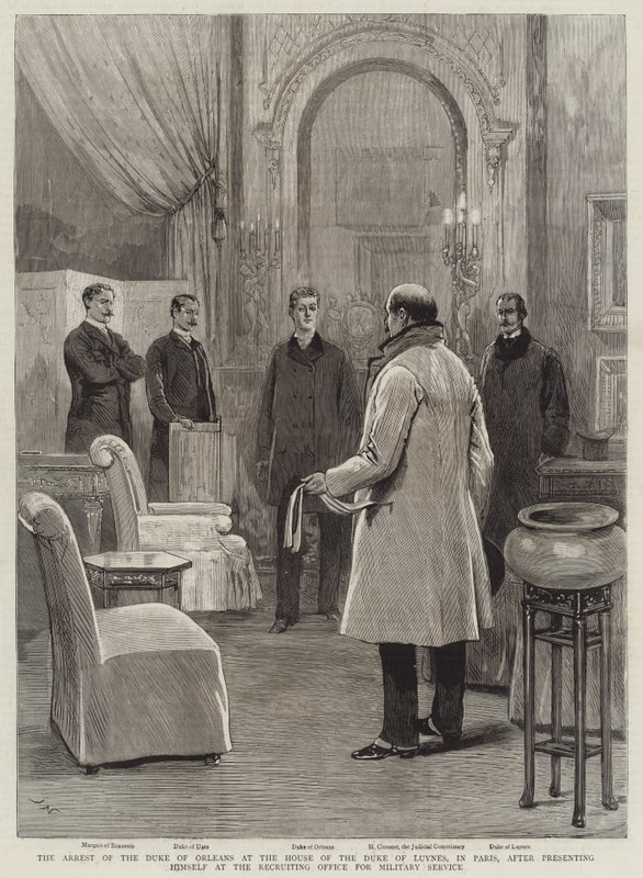 A prisão do Duque de Orleães na Casa do Duque de Luynes, em Paris, depois de se apresentar no Gabinete de Recrutamento para o Serviço Militar de Joseph Nash