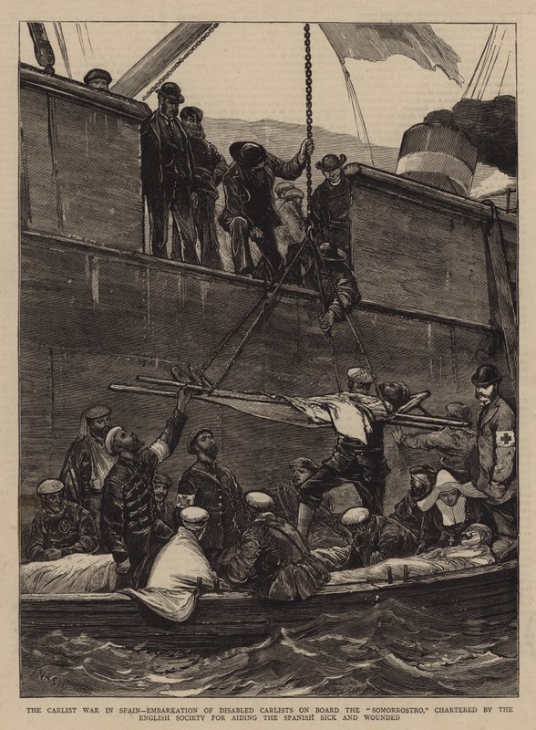 A Guerra Carlista na Espanha, Embarque de Carlists Deficientes a bordo do Somorrostro, fretado pela Sociedade Inglesa para ajudar os Espanhóis doentes e feridos de Joseph Nash