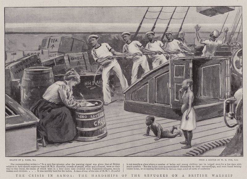 A crise em Samoa, as dificuldades dos refugiados em um navio de guerra britânico de Joseph Nash