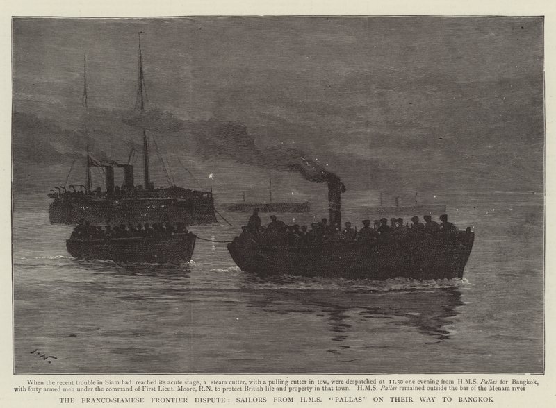 A disputa de fronteira franco-siamesa, marinheiros do HMS Pallas a caminho de Bangkok de Joseph Nash