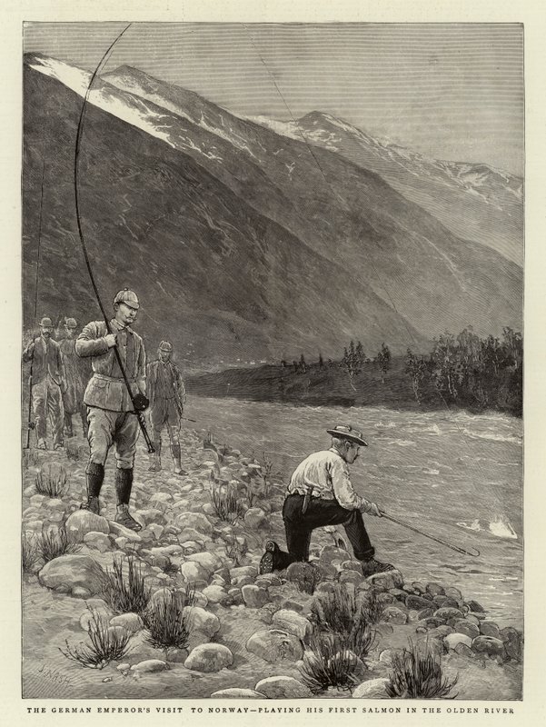 Visita do imperador alemão à Noruega, tocando seu primeiro salmão no rio Olden de Joseph Nash