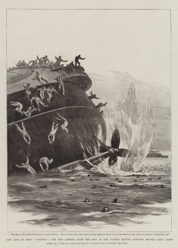 A perda de HMS Victoria, os homens pulando do navio quando ela virou de baixo para cima antes de descer de Joseph Nash