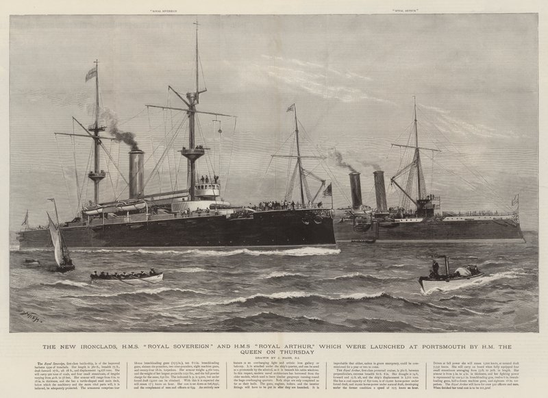 Os Novos Ironclads, o HMS Royal Sovereign e o HMS Royal Arthur que foram lançados em Portsmouth por HM the Queen na quinta-feira de Joseph Nash
