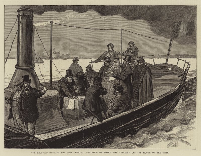 O porto proposto para Roma, General Garibaldi a bordo do Tevere fora da foz do Tibre de Joseph Nash