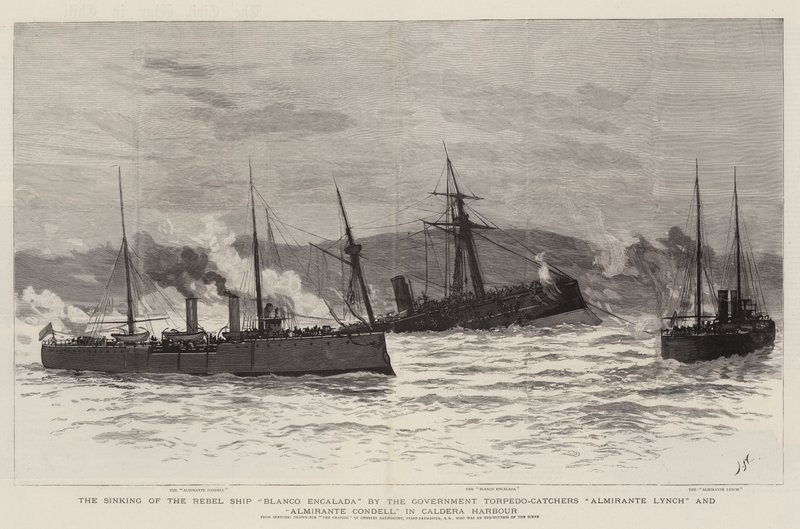 O Naufrágio do Navio Rebelde Blanco Encalada pelos Torpedeiros do Governo Almirante Lynch e Almirante Condell, no Porto de Caldera de Joseph Nash