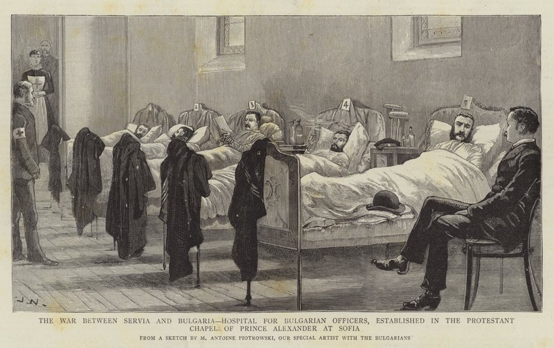 A guerra entre Servia e a Bulgária, Hospital dos Oficiais Búlgaros, estabelecida na Capela Protestante do Príncipe Alexandre em Sofia de Joseph Nash