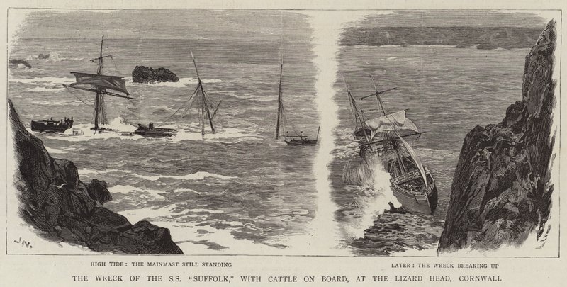 O naufrágio do SS Suffolk, com bovinos a bordo, no Lizard Head, na Cornualha de Joseph Nash