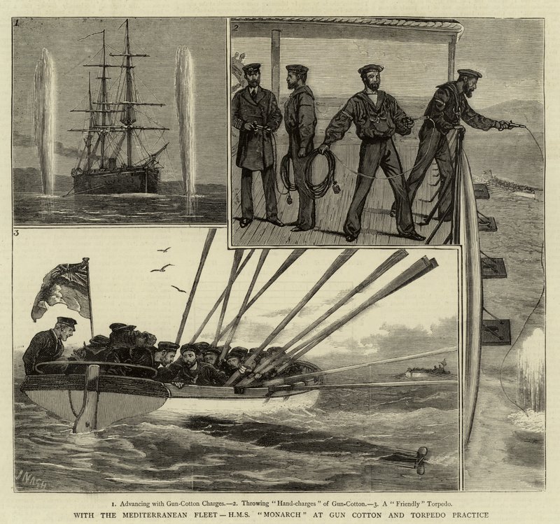 Com a Frota do Mediterrâneo, HMS Monarch na Gun Cotton e Torpedo Practice de Joseph Nash
