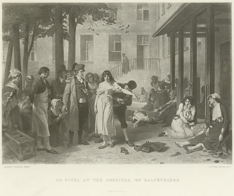 Dr. Pinel no hospital de Salpetriere (gravura) de Joseph Nicolas Robert Fleury