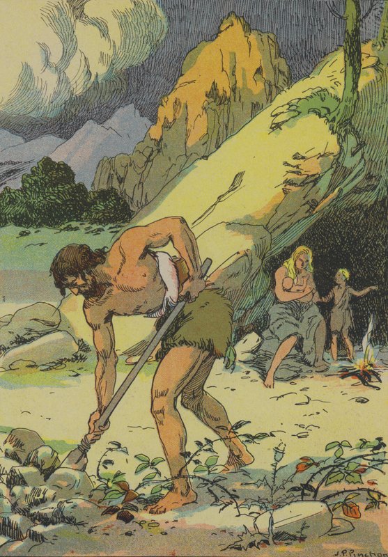 Adão, a cultivar a terra, após a expulsão do Jardim do Éden (litografia a cores) de Joseph Porphyre Pinchon