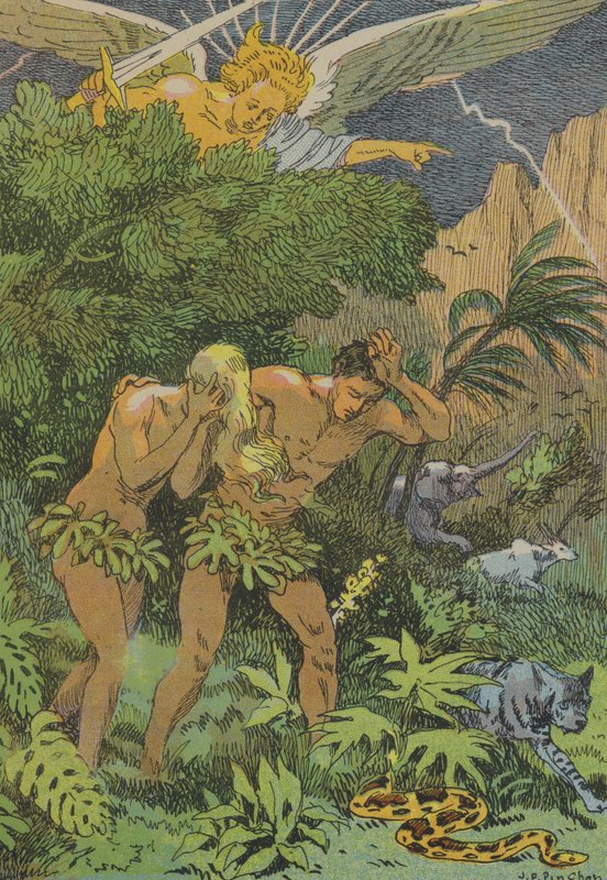 Expulsão de Adão e Eva do Jardim do Éden (litografia a cores) de Joseph Porphyre Pinchon
