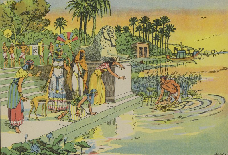 Moisés é encontrado entre os juncos (litografia a cores) de Joseph Porphyre Pinchon