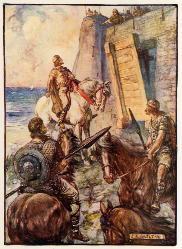 Macbeth sendo recusado a entrada por Lady Macduff enquanto seu marido escapa por mar de Joseph Ratcliffe Skelton
