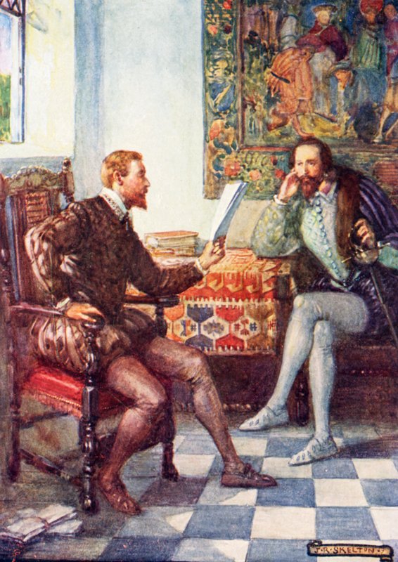Spenser lendo a primeira parte da Rainha das Fadas em Raleigh de Joseph Ratcliffe Skelton