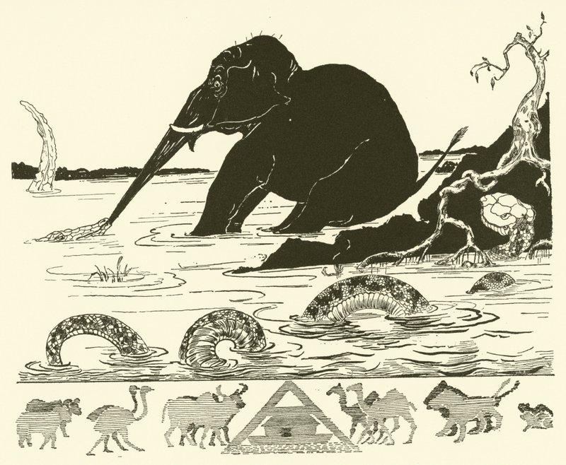 O Filhote do Elefante com o nariz puxado pelo Crocodilo (gravura) de Joseph Rudyard (after) Kipling