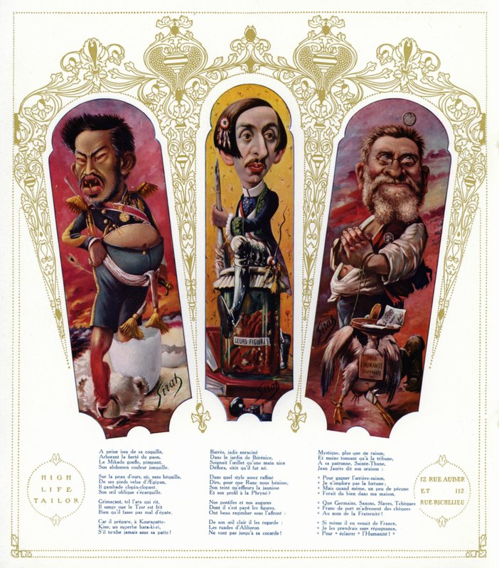 Caricaturas: Meiji Imperador do Japão; Maurice Barres, escritor francês e político nacionalista; Jean Jaures, político francês (cor litho) de Joseph Sirat
