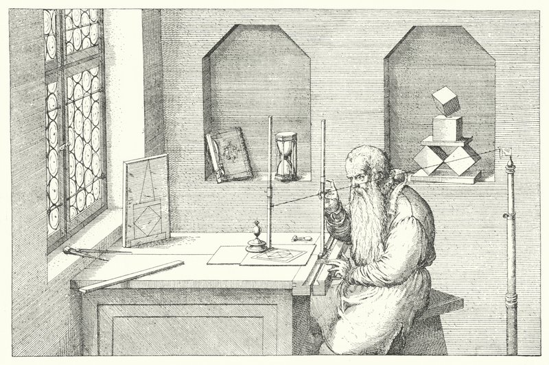 Ourivesaria alemã, artista e gravador Wenzel Jamnitzer em seu estúdio (gravura) de Jost (after) Amman