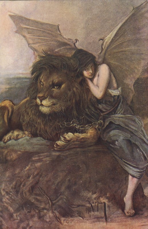 Leão e mulher com asas (cor litho) de Joszi Arpad Koppay