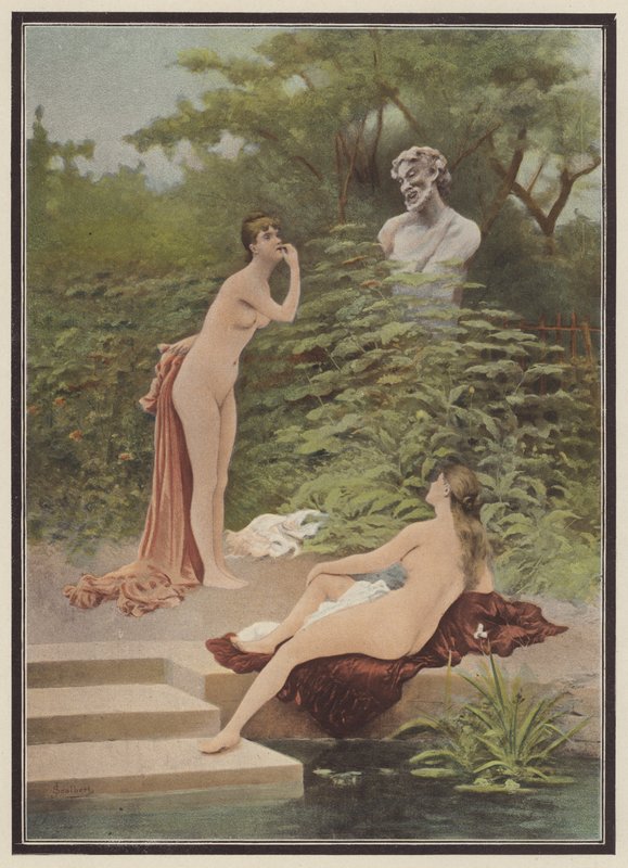 Escarnecedora, mulheres a tomar banho (cor litho) de Jules (after) Scalbert