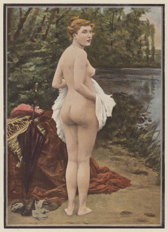 Verão, mulher tomando banho em um lago (lito colorido) de Jules (after) Scalbert