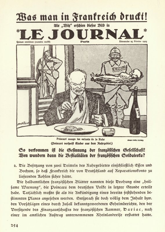 Propaganda alemã na primeira página de um jornal francês com um desenho animado mostrando o Primeiro Ministro Raymond Poincare comendo as crianças do Ruhr durante a ocupação francesa da região de Jules Abel Faivre