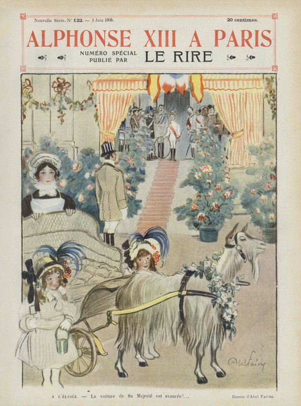 Visita do rei Alfonso XIII da Espanha a Paris. Ilustração para Le Rire de Jules Abel Faivre