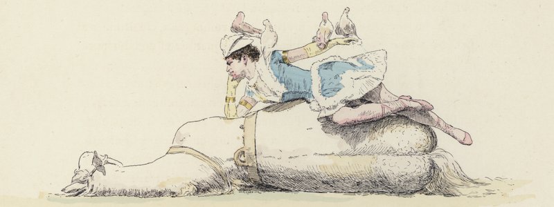 Apresentador de circo, deitado num cavalo, com pombas no braço e na cabeça (cor litho) de Jules Arsene (after) Garnier