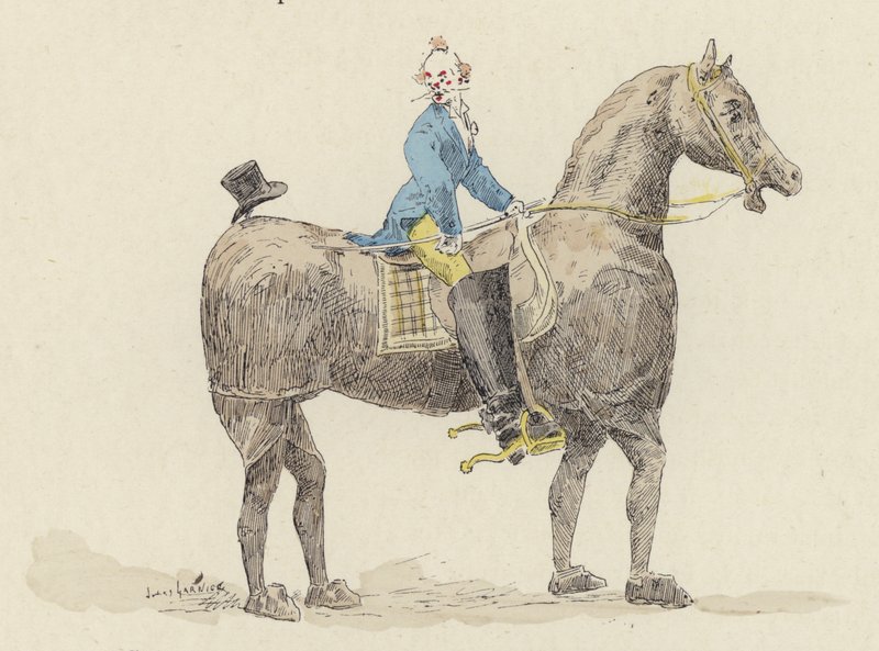 Palhaço no cavalo de fantasia (cor litho) de Jules Arsene (after) Garnier