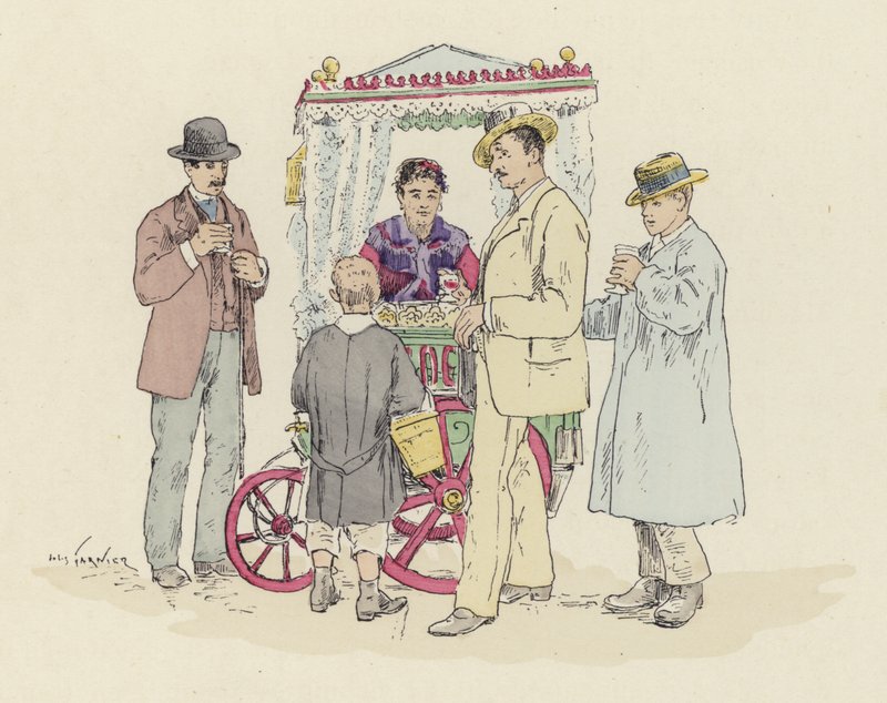 Vendedor de limonada na feira (cor litho) de Jules Arsene (after) Garnier