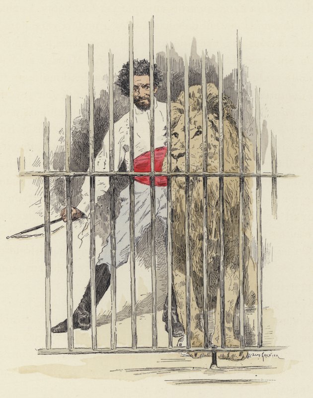 Domador de leões e leões numa gaiola (cor litho) de Jules Arsene (after) Garnier